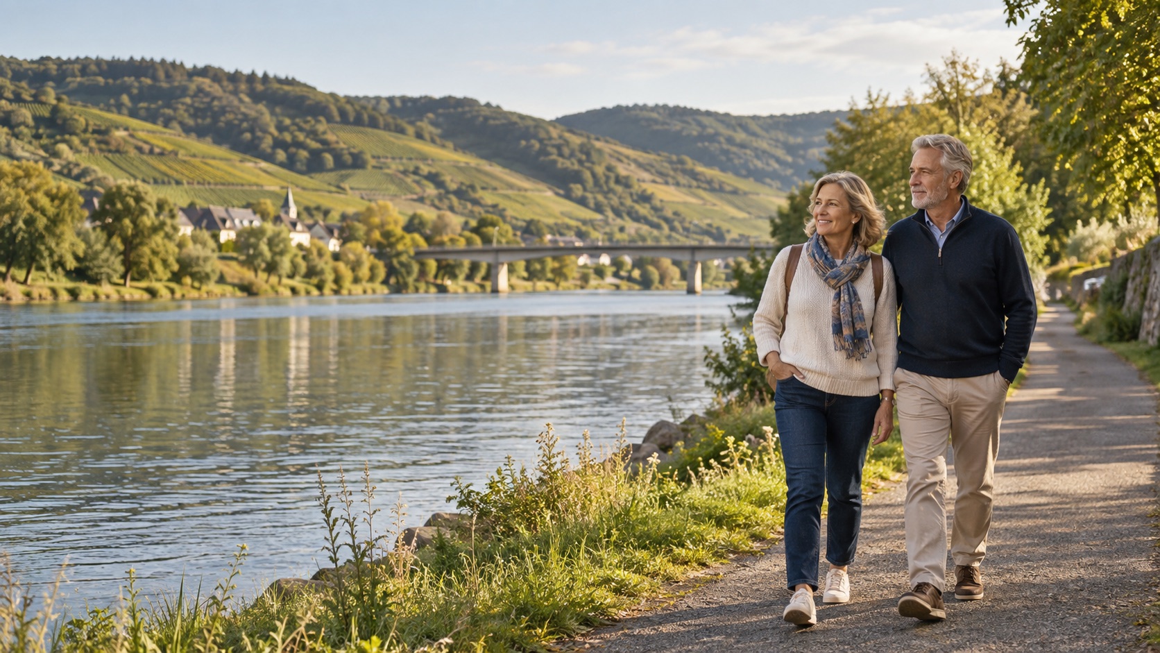 Paar spaziert entspannt an einem Fluss in der deutsch-luxemburgischen Grenzregion